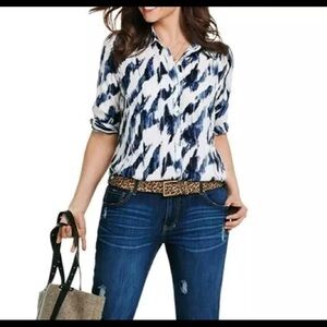 Cabi Moody Blues Button UP Blouse Navy/ White  longsleeve women's Sz M
